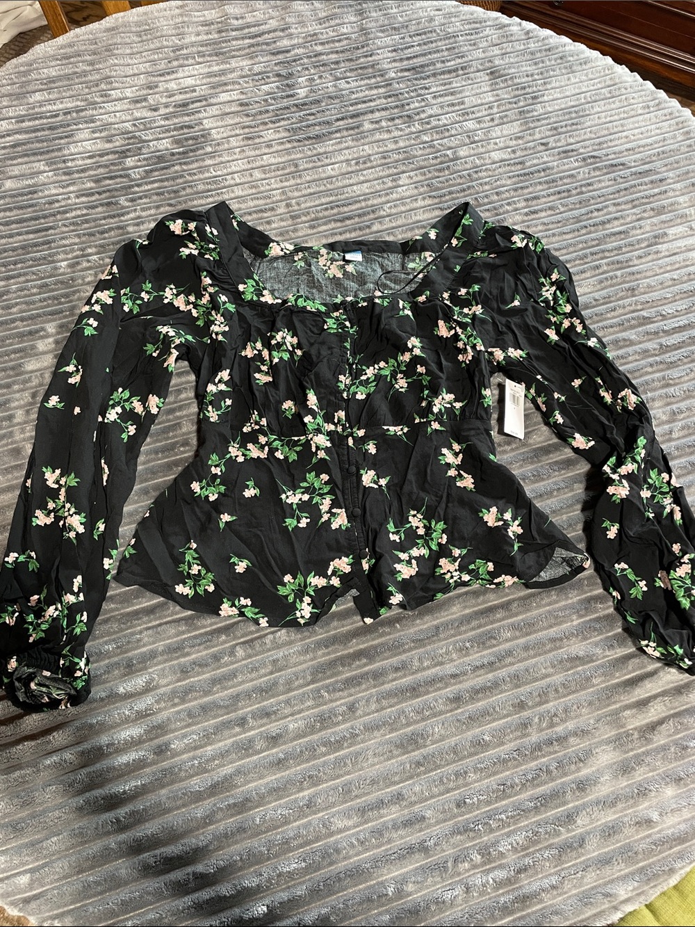 Old Navy Black Floral Button-Front Peasant Blouse